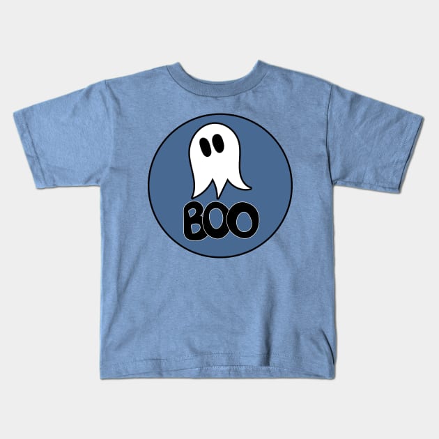 Cute ghost cartoon BOO text in a blue circle frame Kids T-Shirt by Angel Dawn Design